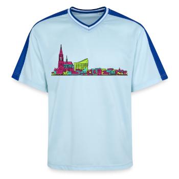 Straßburger Skyline Kathedrale Linienkunst - Unisex Football Style Mesh T-Shirt - Hellblau/Dunkelblau - Vorne - AI Model Female 172 light (172cm) & AI Model Male 178 dark (178cm)