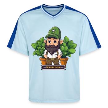 Green Gardener Gnome Comic - Unisex Football Style Mesh T-Shirt - light blue/dark blue - Front - AI Model Female 172 light (172cm) & AI Model Male 178 dark (178cm)