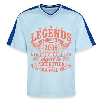 20. Geburtstag 2006 Jahrgang Vintage Geschenk - Unisex Football Style Mesh T-Shirt - Hellblau/Dunkelblau - Vorne - AI Model Female 172 light (172cm) & AI Model Male 178 dark (178cm)