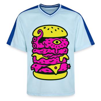 Monsterburger im Pop-Art Stil - Unisex Football Style Mesh T-Shirt - Hellblau/Dunkelblau - Vorne - AI Model Female 172 light (172cm) & AI Model Male 178 dark (178cm)