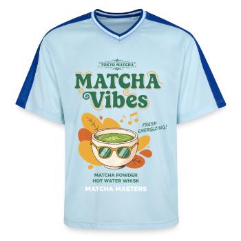Tokyo Matcha Matcha Vibes Fresh Energizing Matcha - Unisex Football Style Mesh T-Shirt - Hellblau/Dunkelblau - Vorne - AI Model Female 172 light (172cm) & AI Model Male 178 dark (178cm)