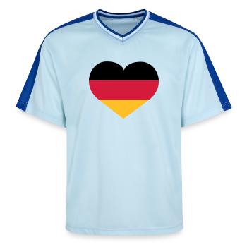 Deutschland Herz - Unisex Football Style Mesh T-Shirt - Hellblau/Dunkelblau - Vorne - AI Model Female 172 light (172cm) & AI Model Male 178 dark (178cm)
