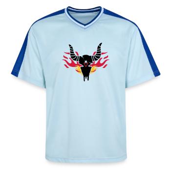 Bull skull with flames - Unisex Football Style Mesh T-Shirt - light blue/dark blue - Front - AI Model Female 172 light (172cm) & AI Model Male 178 dark (178cm)
