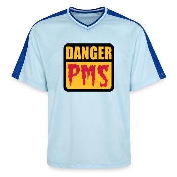 Danger PMS | Prämenstruelles Syndrom | - Unisex Football Style Mesh T-Shirt - light blue/dark blue - Front - AI Model Female 172 light (172cm) & AI Model Male 178 dark (178cm)