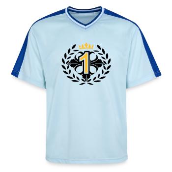 Die Nummer Eins mit Lorbeerkranz und Krone - Unisex Football Style Mesh T-Shirt - Hellblau/Dunkelblau - Vorne - AI Model Female 172 light (172cm) & AI Model Male 178 dark (178cm)