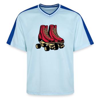 2541614 135123868 Roller Skate - Unisex Football Style Mesh T-Shirt - Hellblau/Dunkelblau - Vorne - AI Model Female 172 light (172cm) & AI Model Male 178 dark (178cm)