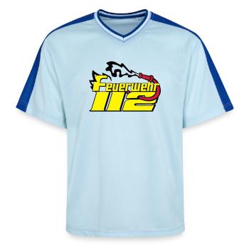 Freiwillige Feuerwehr , Shirt , Feuerwehr 112 (25) - Unisex Football Style Mesh T-Shirt - Hellblau/Dunkelblau - Vorne - AI Model Female 172 light (172cm) & AI Model Male 178 dark (178cm)