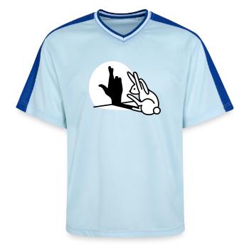 Lustige Kaninchen Hand Schatten Finger kreuzen - Unisex Football Style Mesh T-Shirt - Hellblau/Dunkelblau - Vorne - AI Model Female 172 light (172cm) & AI Model Male 178 dark (178cm)