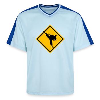 Karate Warning Sign Yokogeri - Unisex Football Style Mesh T-Shirt - light blue/dark blue - Front - AI Model Female 172 light (172cm) & AI Model Male 178 dark (178cm)