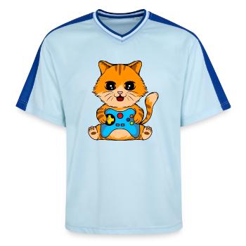Gamer Cat with Gamepad Funny Gaming Shirt - Unisex Football Style Mesh T-Shirt - light blue/dark blue - Front - AI Model Female 172 light (172cm) & AI Model Male 178 dark (178cm)