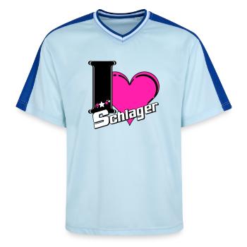 Schlager Party , Schlager Music , Schlager Love - Unisex Football Style Mesh T-Shirt - light blue/dark blue - Front - AI Model Female 172 light (172cm) & AI Model Male 178 dark (178cm)