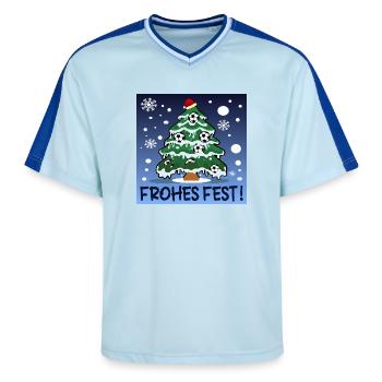 FROHES FEST - WEIHNACHTEN FUßBALL - Unisex Football Style Mesh T-Shirt - Hellblau/Dunkelblau - Vorne - AI Model Female 172 light (172cm) & AI Model Male 178 dark (178cm)