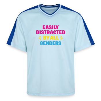 LGBT Pride Month - Leicht abgelenkt von allen Geschlechtern - Unisex Football Style Mesh T-Shirt - Hellblau/Dunkelblau - Vorne - AI Model Female 172 light (172cm) & AI Model Male 178 dark (178cm)