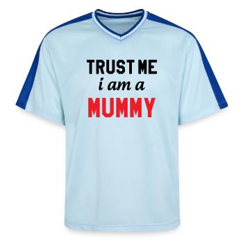 Glaub mir, ich bin eine Mama! - Unisex Football Style Mesh T-Shirt - Hellblau/Dunkelblau - Vorne - AI Model Female 172 light (172cm) & AI Model Male 178 dark (178cm)