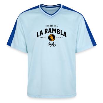 "La Rambla Soul" Barcelona Vintage Music Store - Unisex Football Style Mesh T-Shirt - light blue/dark blue - Front - AI Model Female 172 light (172cm) & AI Model Male 178 dark (178cm)