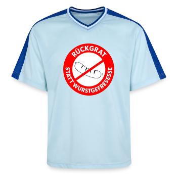 Rückgrat statt Wurstgefresse! WUNSCHFARBEN Wurst2 - Unisex Football Style Mesh T-Shirt - Hellblau/Dunkelblau - Vorne - AI Model Female 172 light (172cm) & AI Model Male 178 dark (178cm)