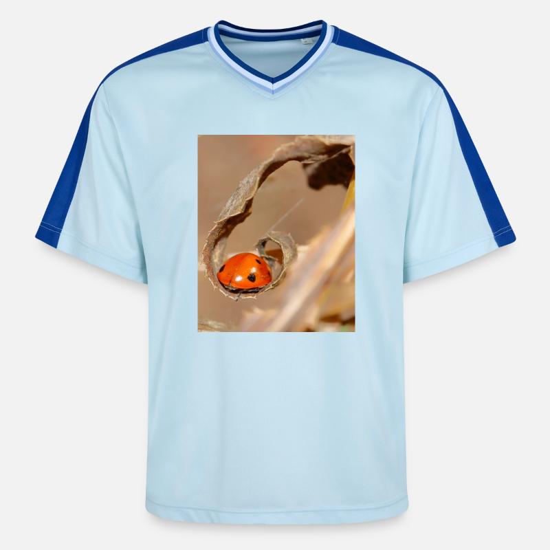 Ladybug on dried leaf - Unisex Football Style Mesh T-Shirt - light blue/dark blue
