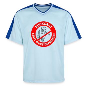 Colonne vertébrale au lieu de manger des saucisses ! COULEURS SOUHAITÉES Bande dessinée - T-shirt de foot unisexe en mesh - bleu clair/bleu foncé - Devant - AI Model Female 172 light (172cm) & AI Model Male 178 dark (178cm)