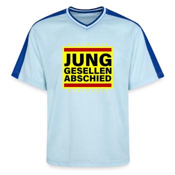 Bachelor party Jga saying - Unisex Football Style Mesh T-Shirt - light blue/dark blue - Front - AI Model Female 172 light (172cm) & AI Model Male 178 dark (178cm)