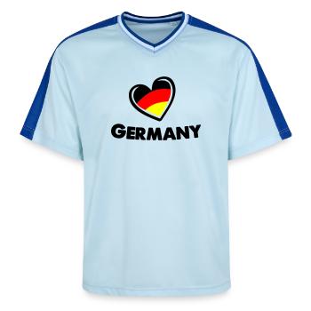 deutschland_herz_germany - Unisex Football Style Mesh T-Shirt - Hellblau/Dunkelblau - Vorne - AI Model Female 172 light (172cm) & AI Model Male 178 dark (178cm)