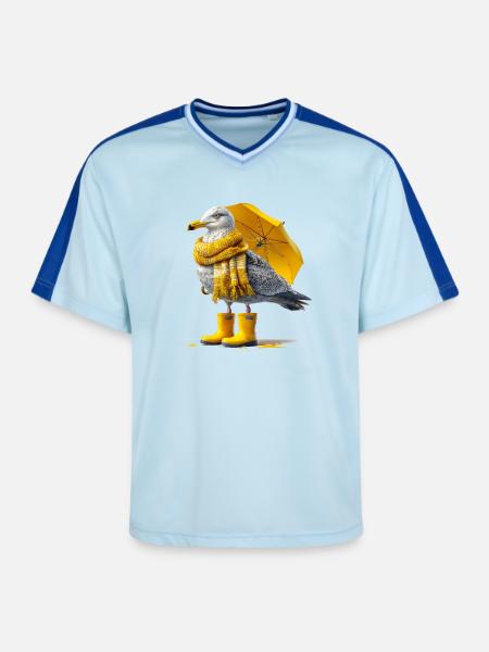 Seagull with yellow umbrella and boots - Unisex Football Style Mesh T-Shirt - light blue/dark blue