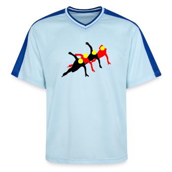 Short track - Unisex Football Style Mesh T-Shirt - light blue/dark blue - Front - AI Model Female 172 light (172cm) & AI Model Male 178 dark (178cm)
