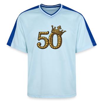 Golden 50 with Crown – Noble Birthday Motif - Unisex Football Style Mesh T-Shirt - light blue/dark blue - Front - AI Model Female 172 light (172cm) & AI Model Male 178 dark (178cm)
