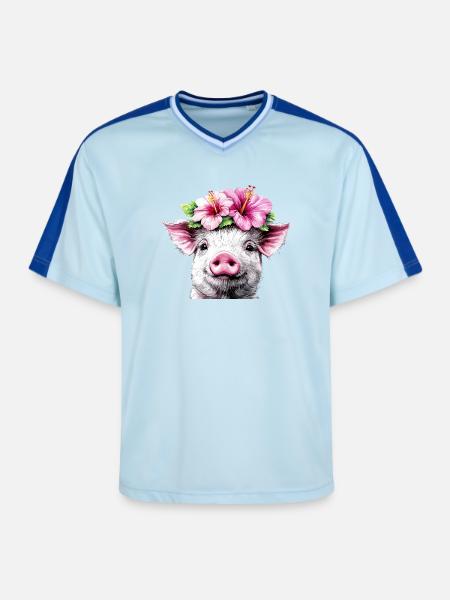 Hibiscus Crown Pig - Unisex Football Style Mesh T-Shirt - light blue/dark blue