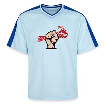 I Want Candy, Revolutionary, Slogan & Sugar Design - Unisex Football Style Mesh T-Shirt - light blue/dark blue - Front - AI Model Female 172 light (172cm) & AI Model Male 178 dark (178cm)