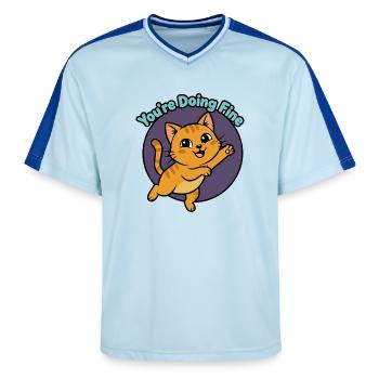 Cat Encourager: You're Doing Fine - Unisex Football Style Mesh T-Shirt - light blue/dark blue - Front - AI Model Female 172 light (172cm) & AI Model Male 178 dark (178cm)