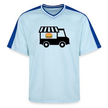 Street food truck - Unisex Football Style Mesh T-Shirt - light blue/dark blue - Front - AI Model Female 172 light (172cm) & AI Model Male 178 dark (178cm)