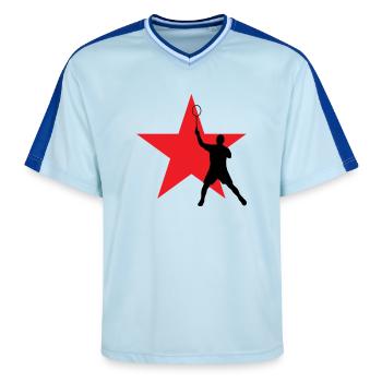 Badminton - Sport - Racket - Unisex Football Style Mesh T-Shirt - light blue/dark blue - Front - AI Model Female 172 light (172cm) & AI Model Male 178 dark (178cm)