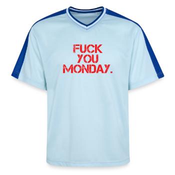 Fuck You Monday - Unisex Football Style Mesh T-Shirt - light blue/dark blue - Front - AI Model Female 172 light (172cm) & AI Model Male 178 dark (178cm)