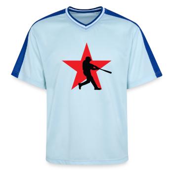 Baseball – Sport - Unisex Football Style Mesh T-Shirt - Hellblau/Dunkelblau - Vorne - AI Model Female 172 light (172cm) & AI Model Male 178 dark (178cm)