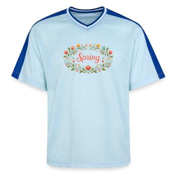Lettrage printanier dans une couronne florale printanière - T-shirt de foot unisexe en mesh - bleu clair/bleu foncé - Devant - AI Model Female 172 light (172cm) & AI Model Male 178 dark (178cm)