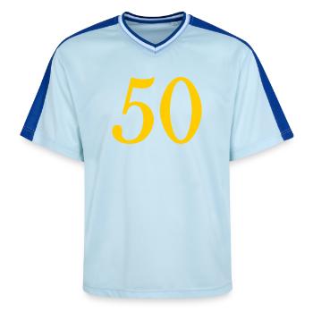 50. 50 YEARS. 50th ANNIVERSARY. 50 YEARS ANNIVERSARY. - Unisex Football Style Mesh T-Shirt - light blue/dark blue - Front - AI Model Female 172 light (172cm) & AI Model Male 178 dark (178cm)