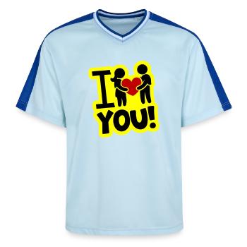 I love you proof of love - Unisex Football Style Mesh T-Shirt - light blue/dark blue - Front - AI Model Female 172 light (172cm) & AI Model Male 178 dark (178cm)