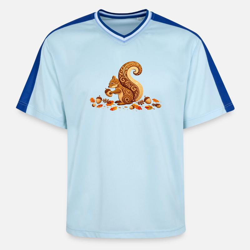 Stilisiertes Eichhörnchen mit Eichel im Herbst - Unisex Football Style Mesh T-Shirt - Hellblau/Dunkelblau