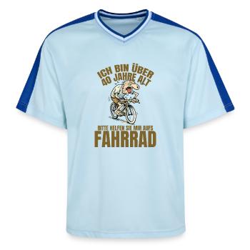 Ich bin über 40 Jahre alt – bitte helfen Sie mir - Unisex Football Style Mesh T-Shirt - Hellblau/Dunkelblau - Vorne - AI Model Female 172 light (172cm) & AI Model Male 178 dark (178cm)