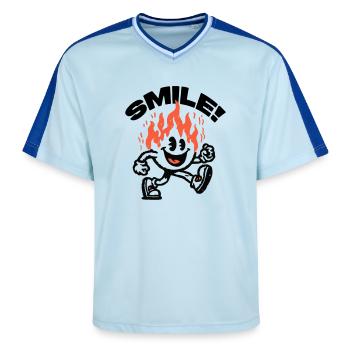 Lächeln! Feuriger Freund Smiley - Unisex Football Style Mesh T-Shirt - Hellblau/Dunkelblau - Vorne - AI Model Female 172 light (172cm) & AI Model Male 178 dark (178cm)