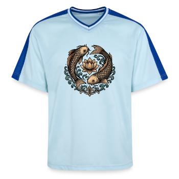 Koi and Lotus Circle Harmony Tattoo - Unisex Football Style Mesh T-Shirt - light blue/dark blue - Front - AI Model Female 172 light (172cm) & AI Model Male 178 dark (178cm)