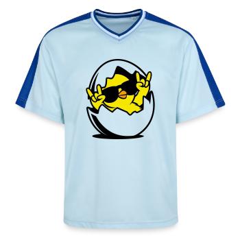 Rock Chick – Cool Chick in an Egg - Unisex Football Style Mesh T-Shirt - light blue/dark blue - Front - AI Model Female 172 light (172cm) & AI Model Male 178 dark (178cm)