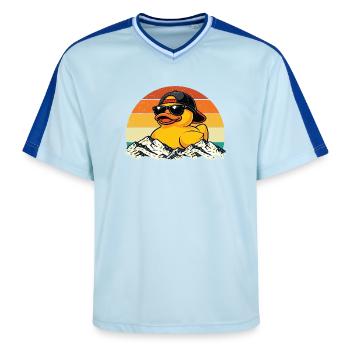 Canard en caoutchouc Amoureux du canard Canard Petit Canard - T-shirt de foot unisexe en mesh - bleu clair/bleu foncé - Devant - AI Model Female 172 light (172cm) & AI Model Male 178 dark (178cm)