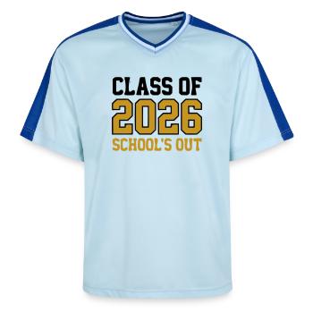 Class of 2026 Schools Out Logo - Unisex Football Style Mesh T-Shirt - light blue/dark blue - Front - AI Model Female 172 light (172cm) & AI Model Male 178 dark (178cm)