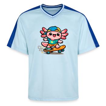 Axolotl skateur Kawaii Wing - T-shirt de foot unisexe en mesh - bleu clair/bleu foncé - Devant - AI Model Female 172 light (172cm) & AI Model Male 178 dark (178cm)
