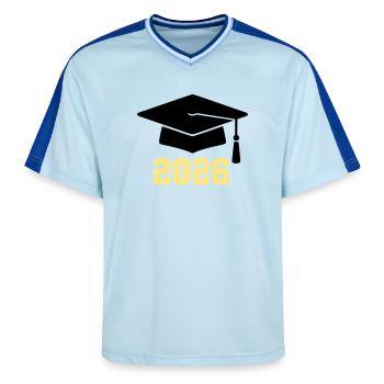 Absolvent 2026 Bachelor Hut - Unisex Football Style Mesh T-Shirt - Hellblau/Dunkelblau - Vorne - AI Model Female 172 light (172cm) & AI Model Male 178 dark (178cm)