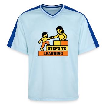 Steps to Learning School Logo - Unisex Football Style Mesh T-Shirt - light blue/dark blue - Front - AI Model Female 172 light (172cm) & AI Model Male 178 dark (178cm)