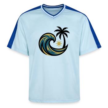 Welle Palme Surfen Strandurlaub Beachclub - Unisex Football Style Mesh T-Shirt - Hellblau/Dunkelblau - Vorne - AI Model Female 172 light (172cm) & AI Model Male 178 dark (178cm)