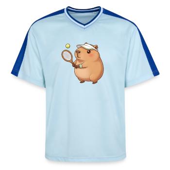 Capybara plays tennis - Unisex Football Style Mesh T-Shirt - light blue/dark blue - Front - AI Model Female 172 light (172cm) & AI Model Male 178 dark (178cm)