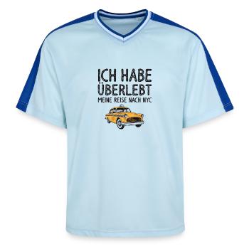 Ik overleefde Mijn Reis naar NYC T-Shirt - Unisex Football Style Mesh T-Shirt - Hellblau/Dunkelblau - Vorne - AI Model Female 172 light (172cm) & AI Model Male 178 dark (178cm)